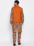 Vastramay Men's Orange Twill Jacket, Printed Kurta and Pyjama Set